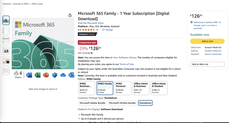 Amazon: Microsoft 365 Family – 1 Year Subscription – $126.66 – 29% Off